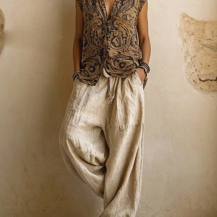 Maeve | Women's Bohemian 3-Piece Set with Longline Jacket, Printed Top and Wide Leg Pants