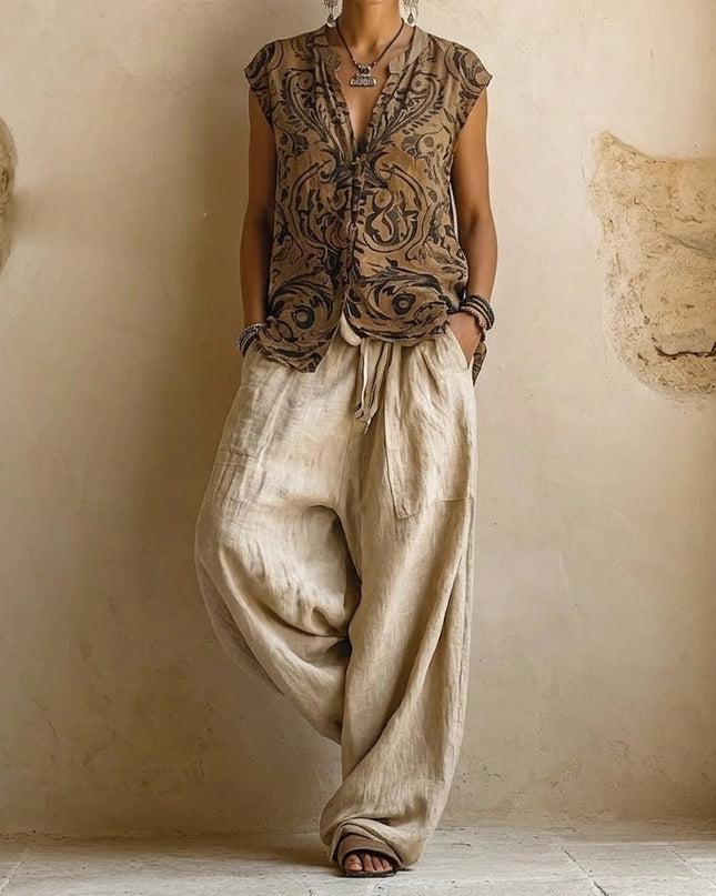 Maeve | Women's Bohemian 3-Piece Set with Longline Jacket, Printed Top and Wide Leg Pants