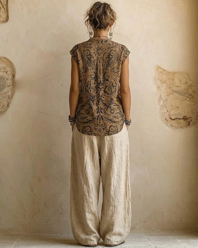Maeve | Women's Bohemian 3-Piece Set with Longline Jacket, Printed Top and Wide Leg Pants
