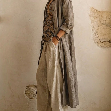 Maeve | Women's Bohemian 3-Piece Set with Longline Jacket, Printed Top and Wide Leg Pants