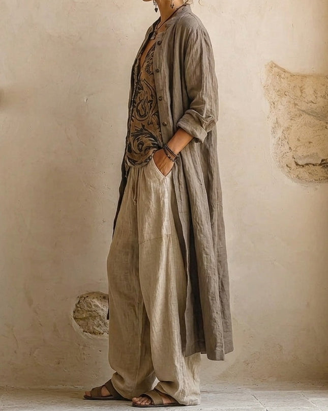 Maeve | Women's Bohemian 3-Piece Set with Longline Jacket, Printed Top and Wide Leg Pants