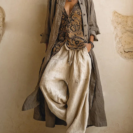 Maeve | Women's Bohemian 3-Piece Set with Longline Jacket, Printed Top and Wide Leg Pants