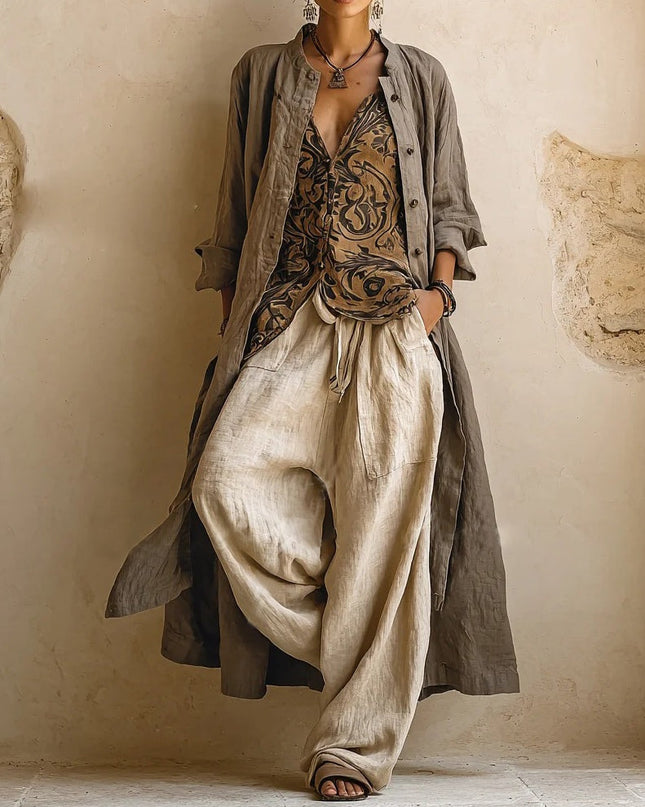 Maeve | Women's Bohemian 3-Piece Set with Longline Jacket, Printed Top and Wide Leg Pants