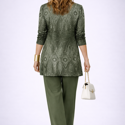 Marielle | Women's Elegant 3-Piece Set with Ornamental Print Longline Jacket, Top and Wide Leg Pants