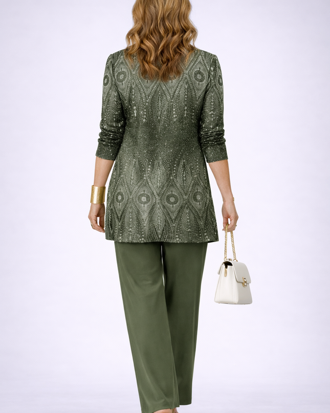 Marielle | Women's Elegant 3-Piece Set with Ornamental Print Longline Jacket, Top and Wide Leg Pants