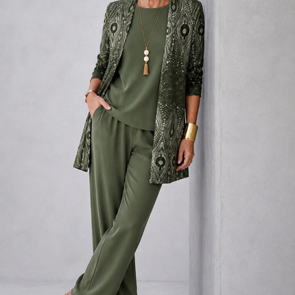 Marielle | Women's Elegant 3-Piece Set with Ornamental Print Longline Jacket, Top and Wide Leg Pants