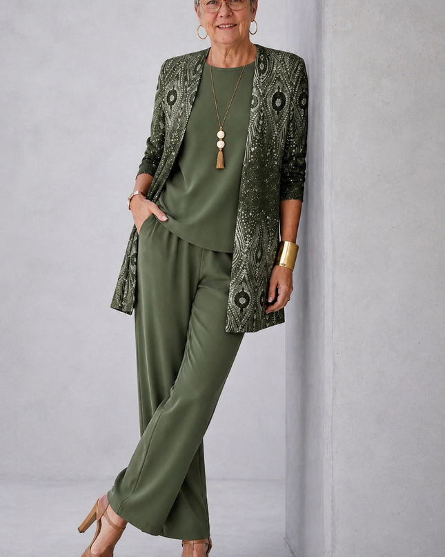 Marielle | Women's Elegant 3-Piece Set with Ornamental Print Longline Jacket, Top and Wide Leg Pants