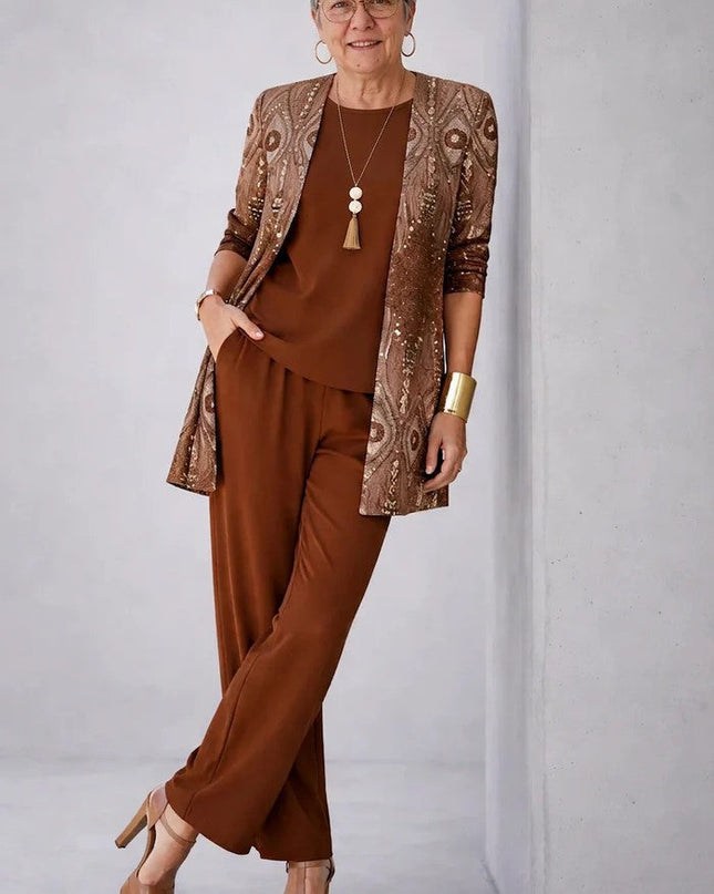 Marielle | Women's Elegant Printed 3-Piece Set with Longline Jacket, Top and Wide Leg Pants
