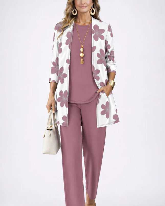 Marielle | Women's Elegant Printed 3-Piece Set with Longline Jacket, Top and Wide Leg Pants