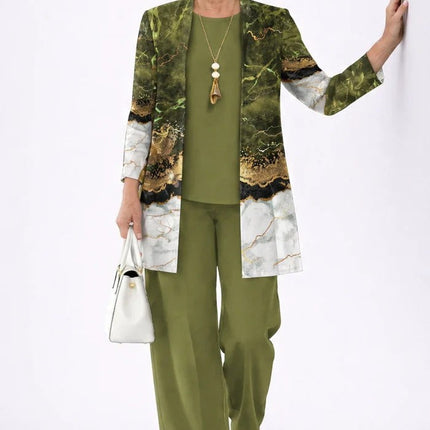 Marielle | Women's Elegant Printed 3-Piece Set with Longline Jacket, Top and Wide Leg Pants