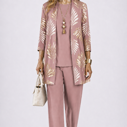 Marielle | Women's Elegant Printed 3-Piece Set with Longline Jacket, Top and Wide Leg Pants