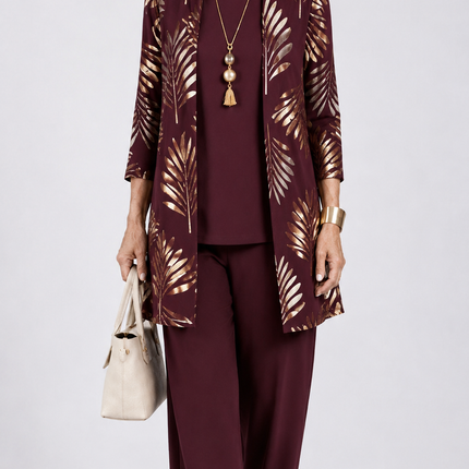 Marielle | Women's Elegant Printed 3-Piece Set with Longline Jacket, Top and Wide Leg Pants