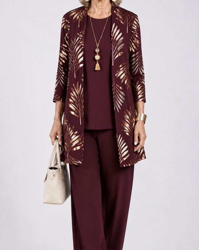 Marielle | Women's Elegant Printed 3-Piece Set with Longline Jacket, Top and Wide Leg Pants