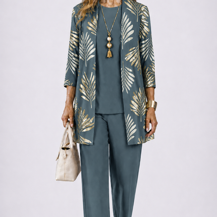 Marielle | Women's Elegant Printed 3-Piece Set with Longline Jacket, Top and Wide Leg Pants