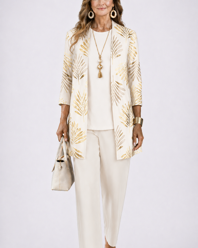 Marielle | Women's Elegant Printed 3-Piece Set with Longline Jacket, Top and Wide Leg Pants