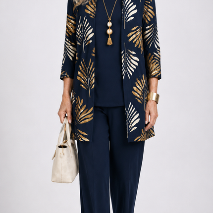 Marielle | Women's Elegant Printed 3-Piece Set with Longline Jacket, Top and Wide Leg Pants