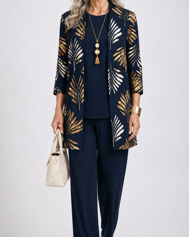 Marielle | Women's Elegant Printed 3-Piece Set with Longline Jacket, Top and Wide Leg Pants