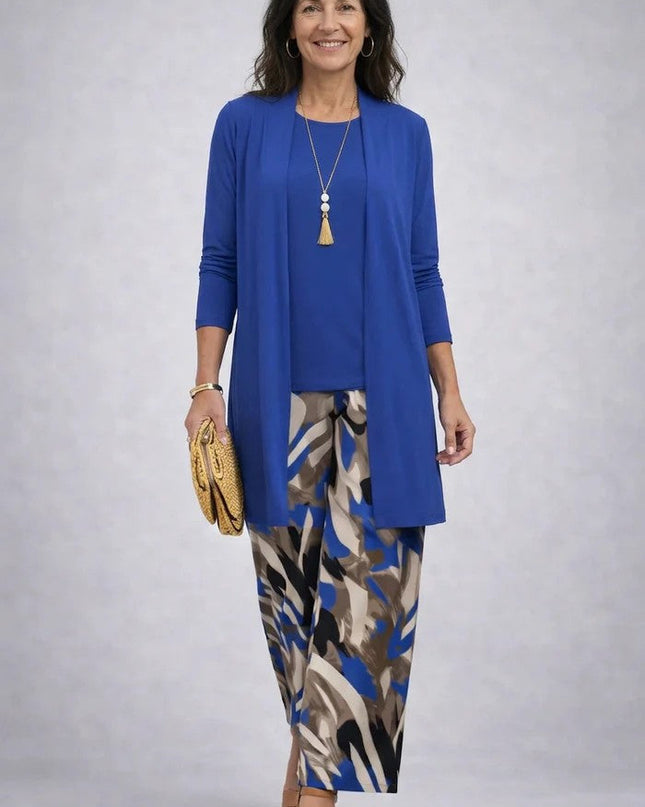 Marielle | Women's Elegant Printed 3-Piece Set with Longline Jacket, Top and Wide Leg Pants