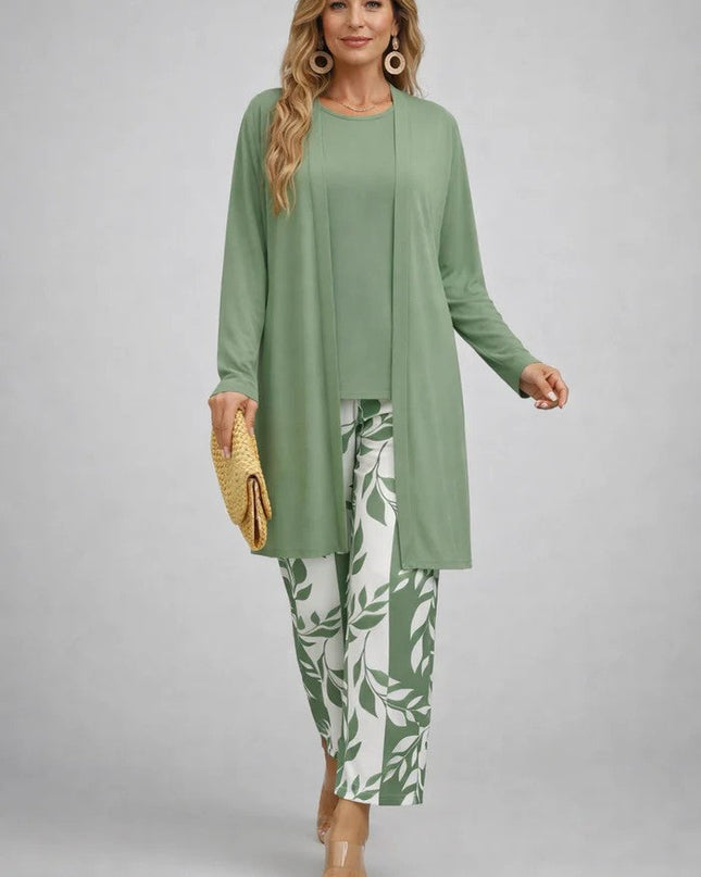 Marielle | Women's Elegant Printed 3-Piece Set with Longline Jacket, Top and Wide Leg Pants