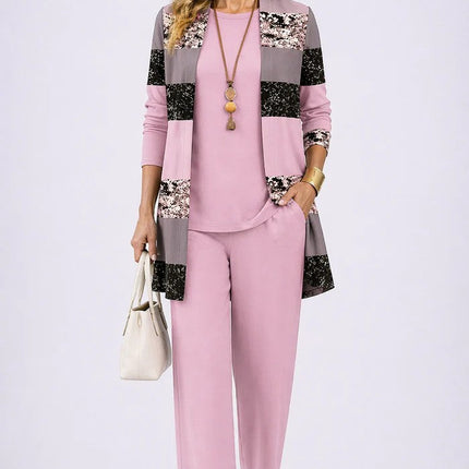 Marielle | Women's Elegant Printed 3-Piece Set with Longline Jacket, Top and Wide Leg Pants