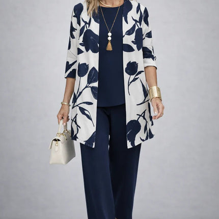Marielle | Women's Elegant Printed 3-Piece Set with Longline Jacket, Top and Wide Leg Pants