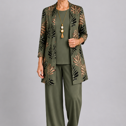 Marielle | Women's Elegant Printed 3-Piece Set with Longline Jacket, Top and Wide Leg Pants
