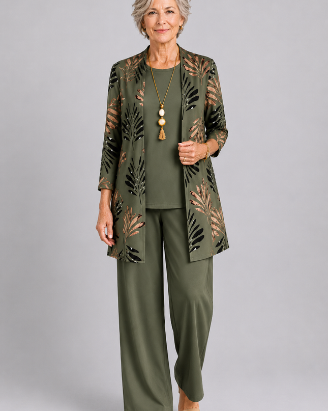 Marielle | Women's Elegant Printed 3-Piece Set with Longline Jacket, Top and Wide Leg Pants