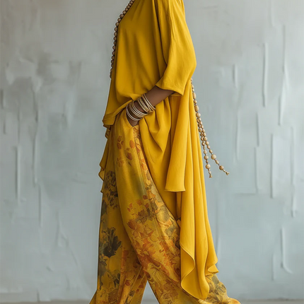 Sienna | Women's Elegant Two-Piece Set with Asymmetric Top and Floral Wide Leg Pants
