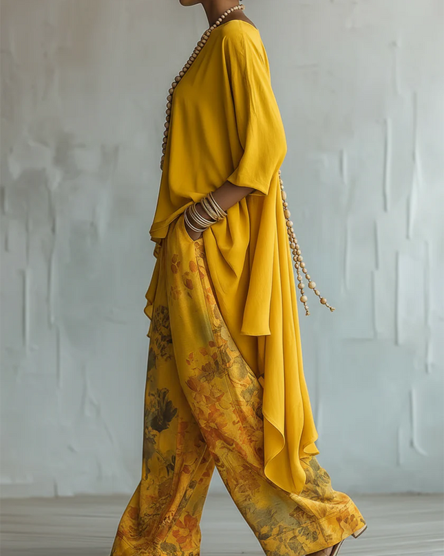 Sienna | Women's Elegant Two-Piece Set with Asymmetric Top and Floral Wide Leg Pants