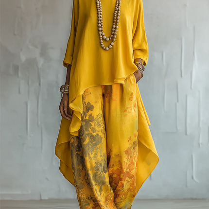 Sienna | Women's Elegant Two-Piece Set with Asymmetric Top and Floral Wide Leg Pants