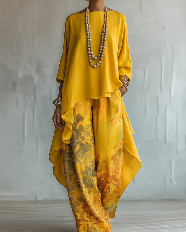 Sienna | Women's Elegant Two-Piece Set with Asymmetric Top and Floral Wide Leg Pants
