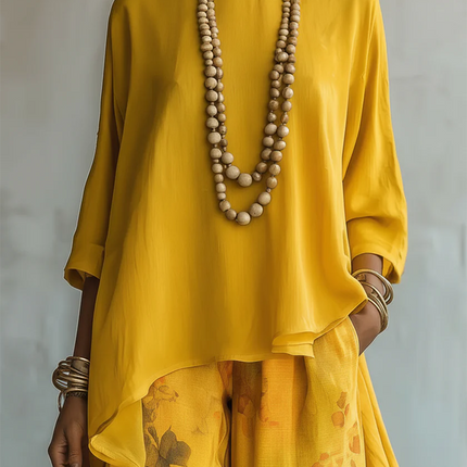 Sienna | Women's Elegant Two-Piece Set with Asymmetric Top and Floral Wide Leg Pants