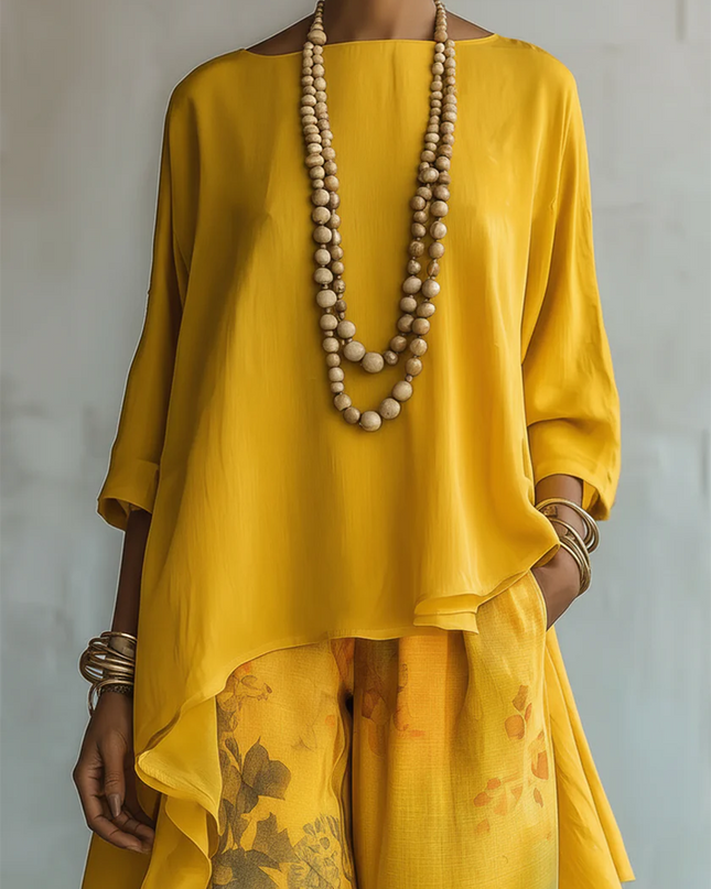 Sienna | Women's Elegant Two-Piece Set with Asymmetric Top and Floral Wide Leg Pants