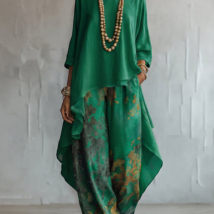 Sienna | Women's Elegant Two-Piece Set with Asymmetric Top and Floral Wide Leg Pants