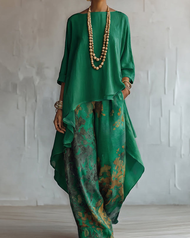 Sienna | Women's Elegant Two-Piece Set with Asymmetric Top and Floral Wide Leg Pants
