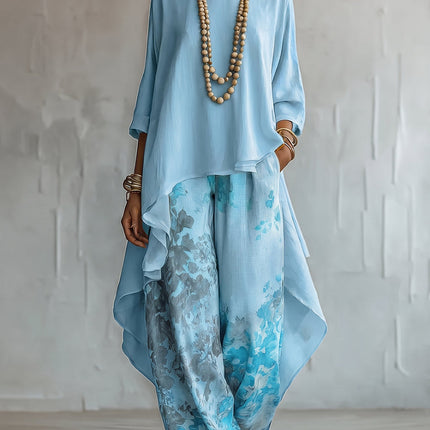 Sienna | Women's Elegant Two-Piece Set with Asymmetric Top and Floral Wide Leg Pants