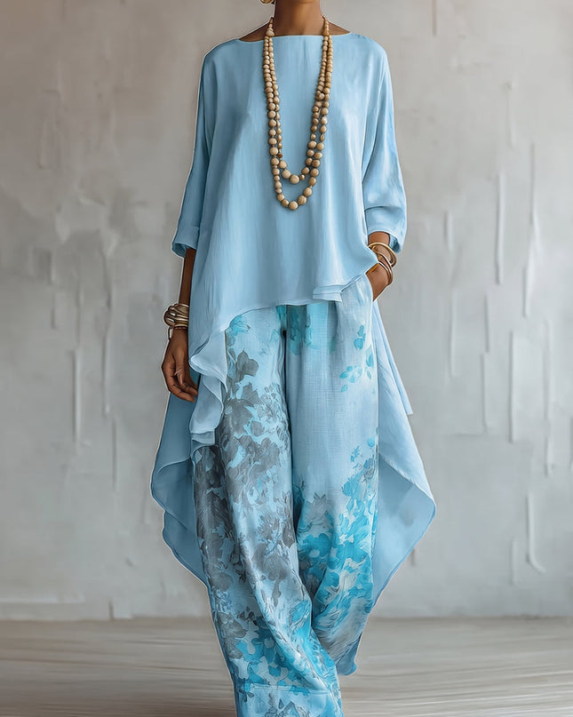 Sienna | Women's Elegant Two-Piece Set with Asymmetric Top and Floral Wide Leg Pants