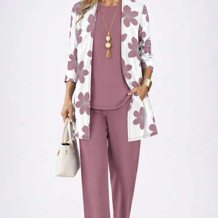 Rosalie | Women's Elegant 3-Piece Set with Floral Print Longline Jacket, Top and Wide Leg Pants