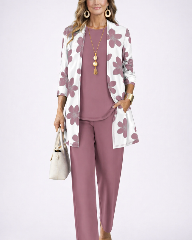 Rosalie | Women's Elegant 3-Piece Set with Floral Print Longline Jacket, Top and Wide Leg Pants