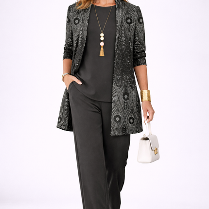 Valentina | Women's Elegant 3-Piece Set with Printed Longline Jacket, Top and Wide Leg Pants