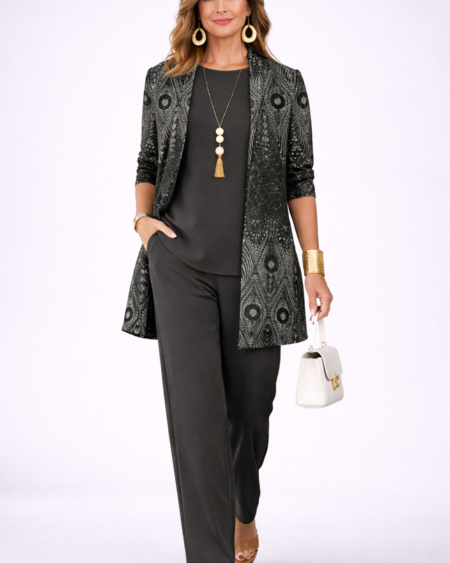 Valentina | Women's Elegant 3-Piece Set with Printed Longline Jacket, Top and Wide Leg Pants