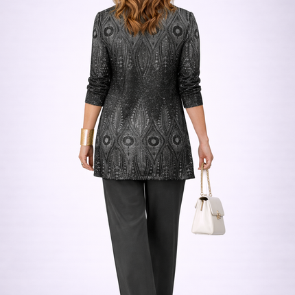 Valentina | Women's Elegant 3-Piece Set with Printed Longline Jacket, Top and Wide Leg Pants