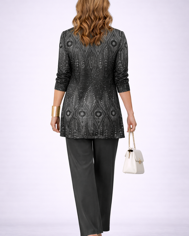 Valentina | Women's Elegant 3-Piece Set with Printed Longline Jacket, Top and Wide Leg Pants