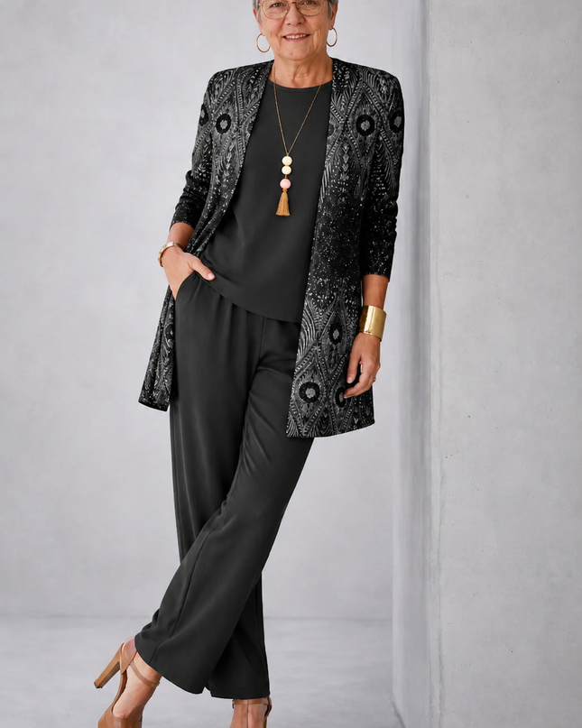Valentina | Women's Elegant 3-Piece Set with Printed Longline Jacket, Top and Wide Leg Pants