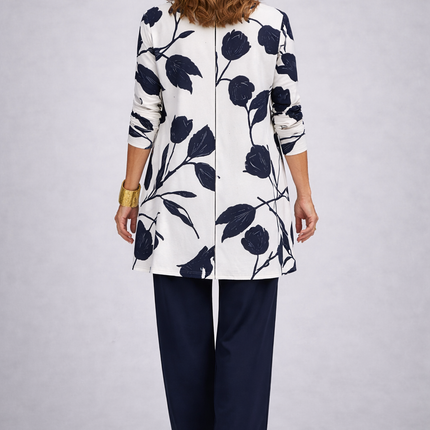 Vivienne | Women's Elegant 3-Piece Set with Floral Print Longline Jacket, Top and Wide Leg Pants