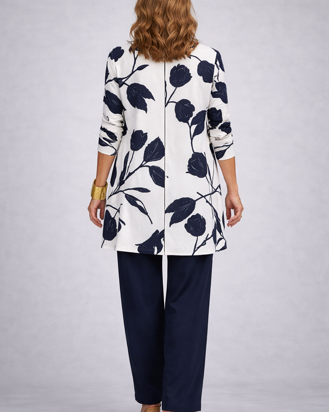 Vivienne | Women's Elegant 3-Piece Set with Floral Print Longline Jacket, Top and Wide Leg Pants