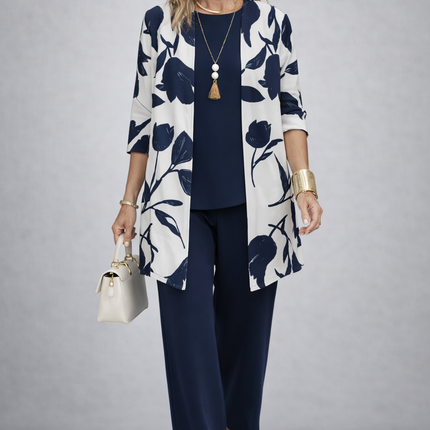 Vivienne | Women's Elegant 3-Piece Set with Floral Print Longline Jacket, Top and Wide Leg Pants