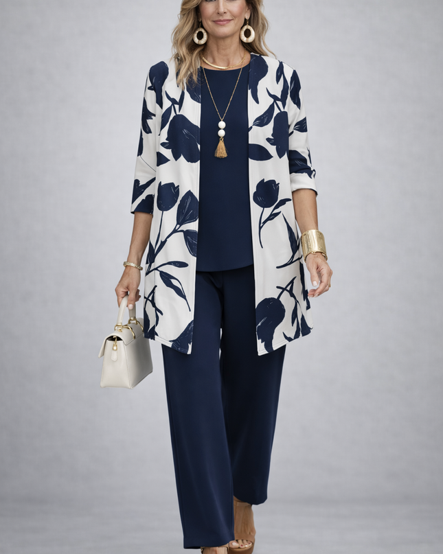 Vivienne | Women's Elegant 3-Piece Set with Floral Print Longline Jacket, Top and Wide Leg Pants