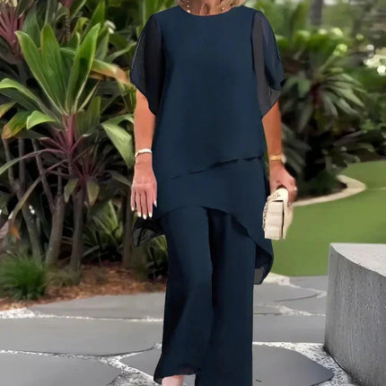 Vivienne | Women's Elegant Chiffon Two-Piece Set with Asymmetric Top and Wide Leg Pants