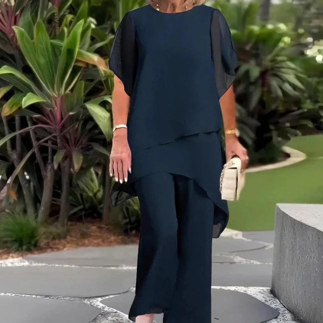 Vivienne | Women's Elegant Chiffon Two-Piece Set with Asymmetric Top and Wide Leg Pants